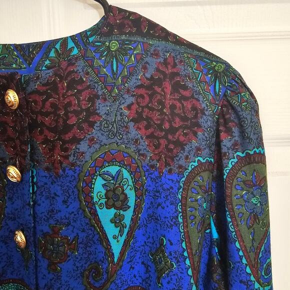 Vintage Karin Stevens Cropped Button Top Blazer Paisley Teal Gold Office Indie - Picture 3 of 6